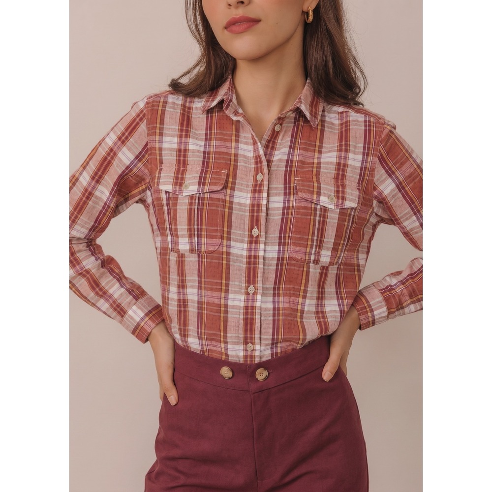 C.C Filson Plaid Button Down Shirt Womens Medium Clay Mauve Linen Blend